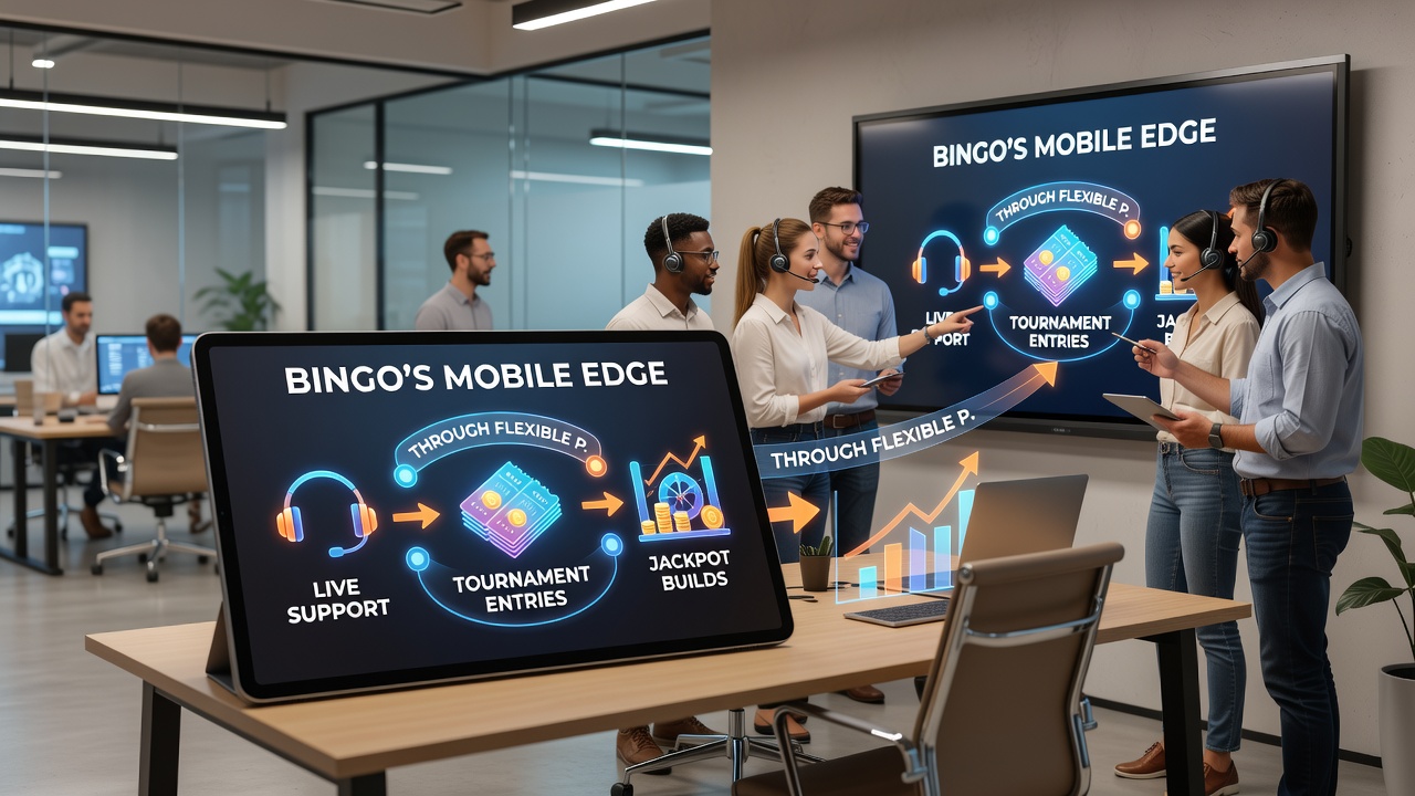 Players engaging with tiered rewards dashboard on mobile bingo app while receiving live support guidance
