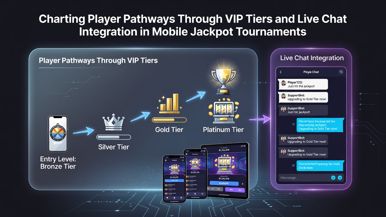 Mobile jackpot tournament interface showing VIP tier progression and live chat features