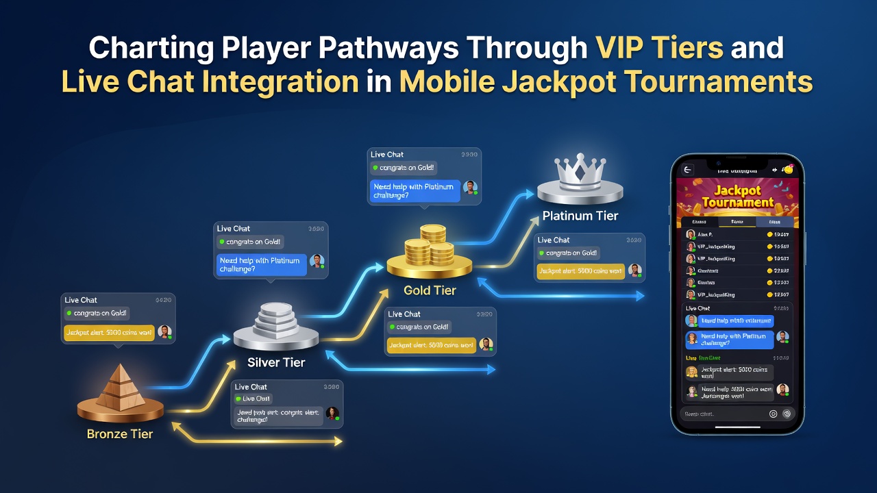 Live chat window integrated within a mobile jackpot tournament screen alongside tier status indicators