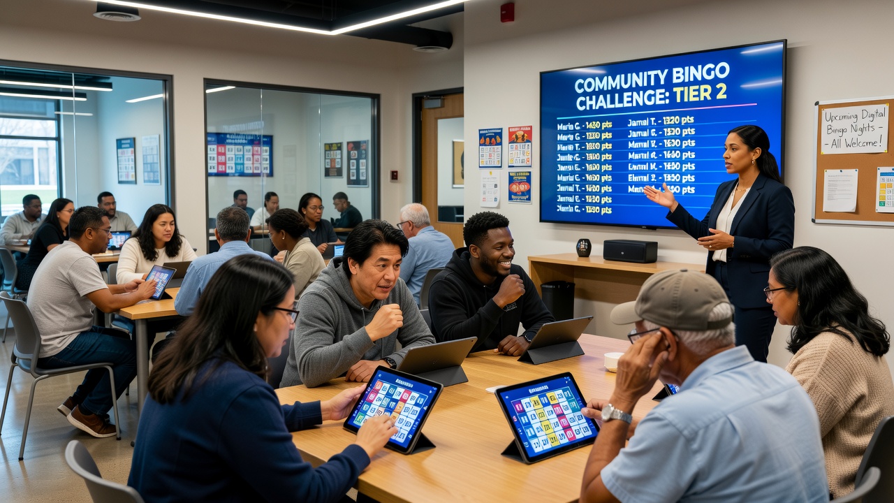 Digital bingo community members collaborating in tiered prize events