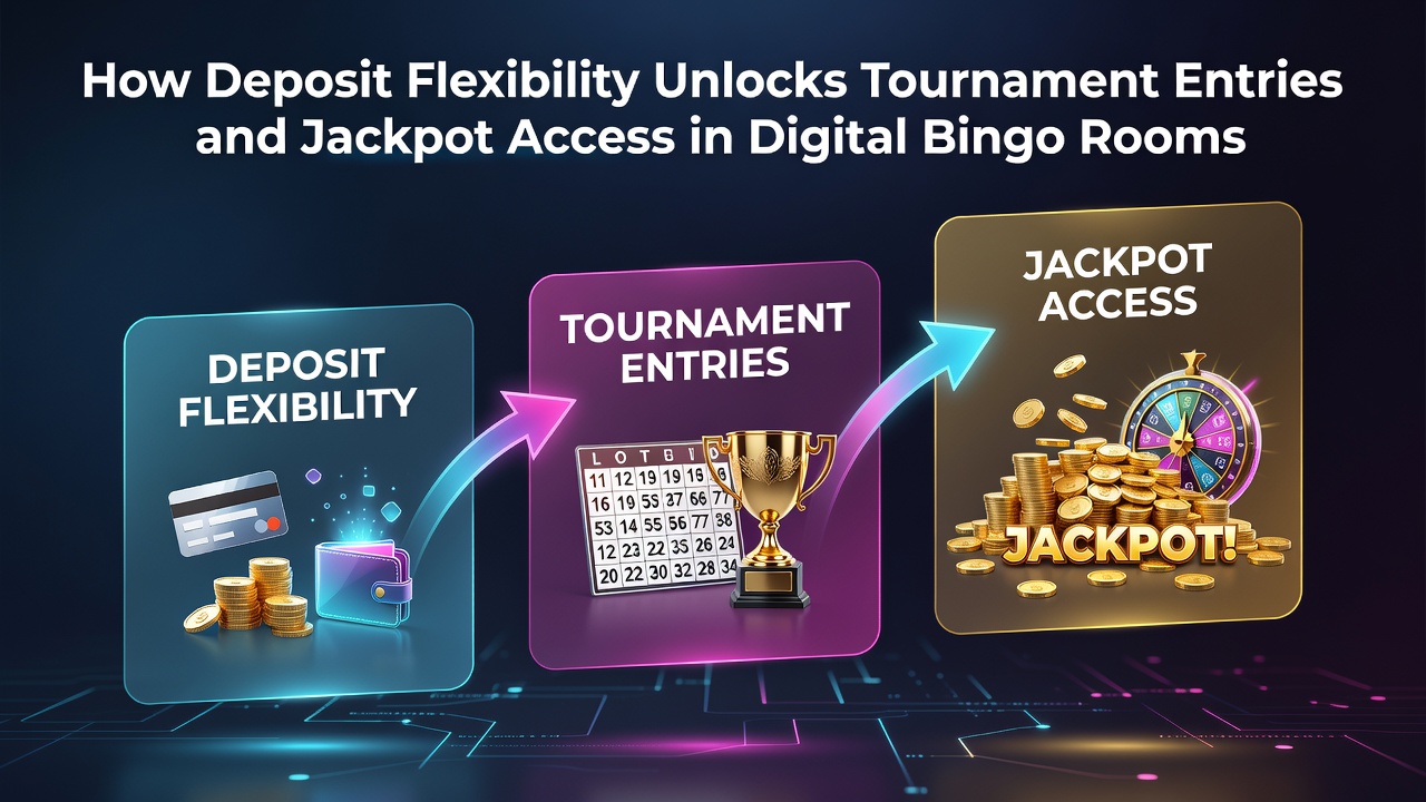 Digital bingo interface showing flexible deposit options and tournament entry screens