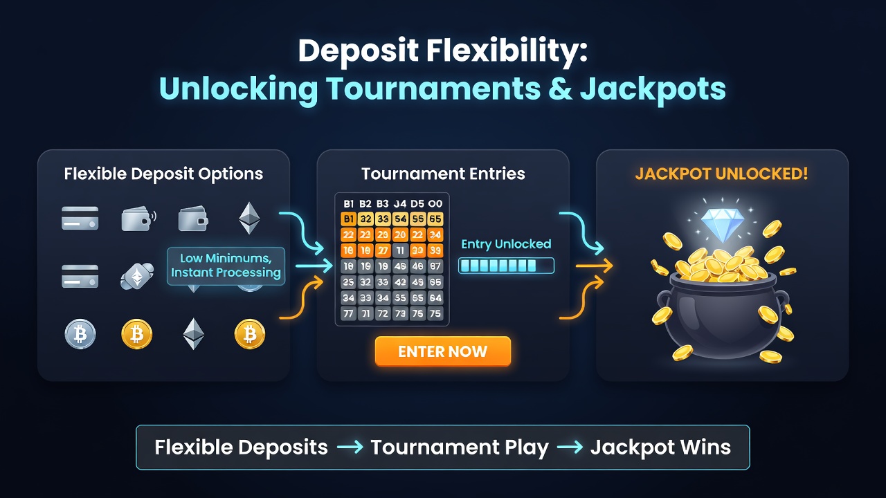 Bingo jackpot meter display alongside deposit confirmation and entry confirmation screens