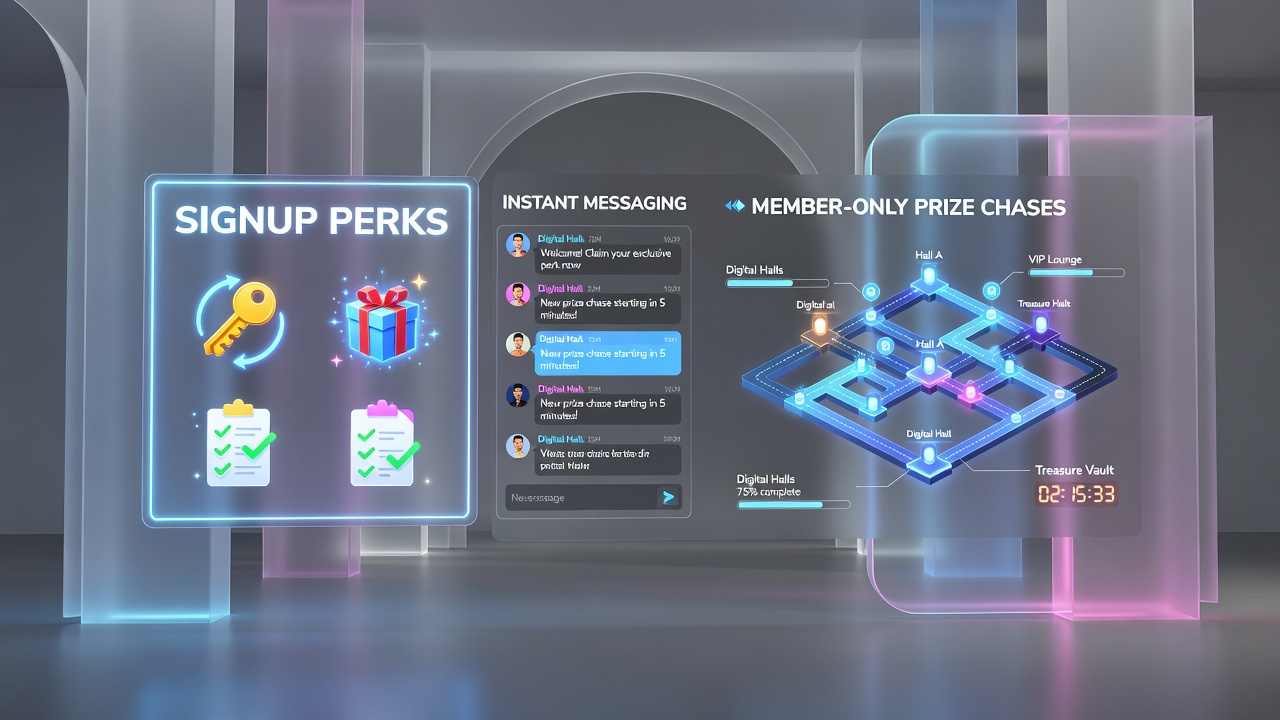 Instant messaging interface showing prize chase notifications and member perk confirmations in a digital hall