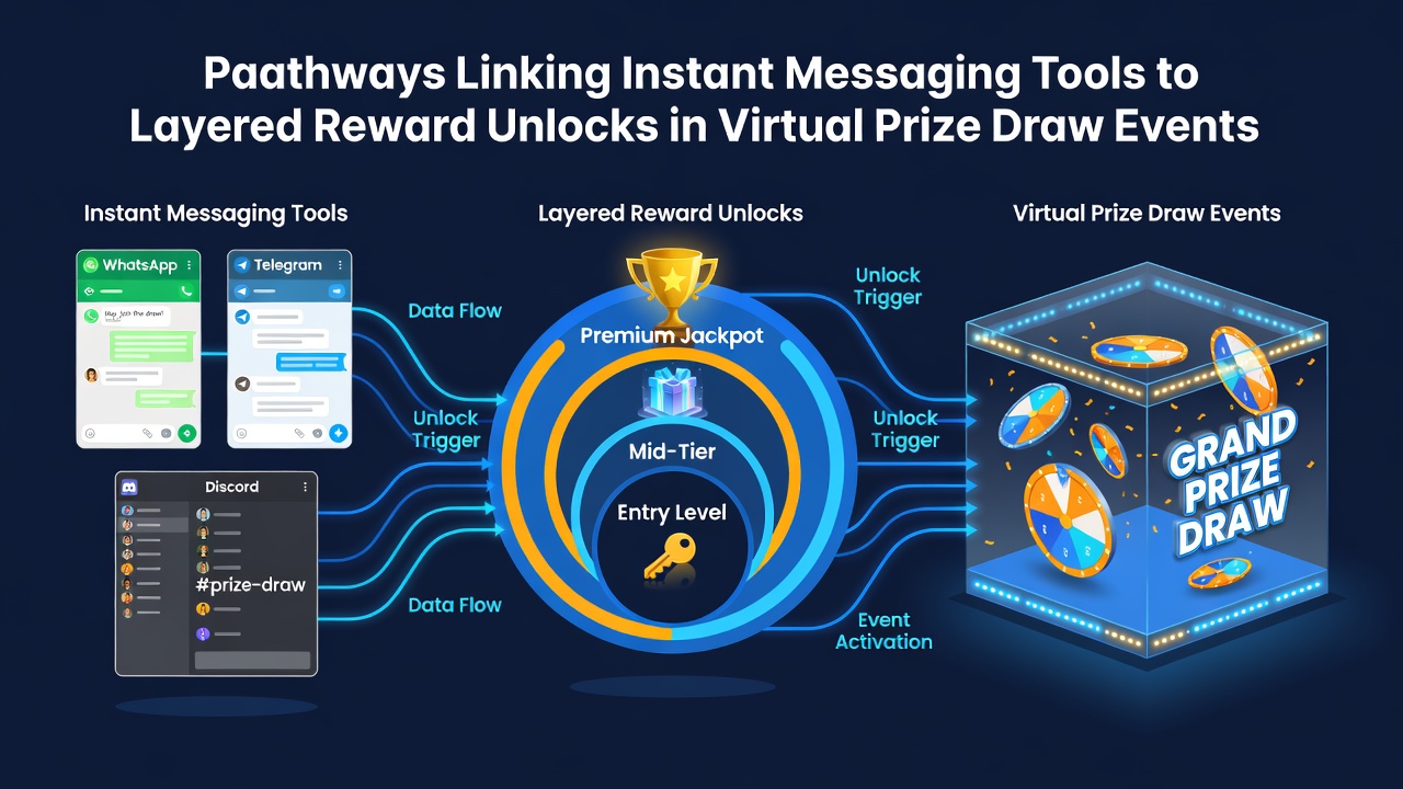 Diagram showing user progression through reward tiers via instant messaging notifications in virtual events